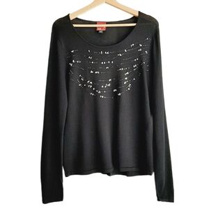 🍒 BLU'S Elegant Bead Embellished Scoop Neck Black Fine Knit Top Sz L *Damage